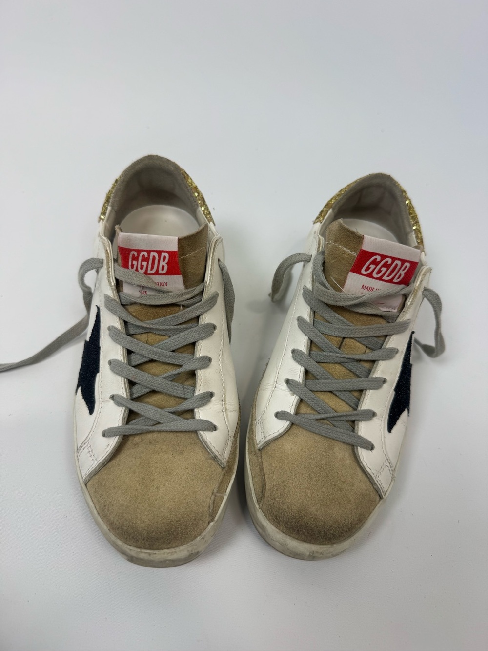 Golden Goose White, Beige & Black Low-Top Sneakers with Gold Heel Tab